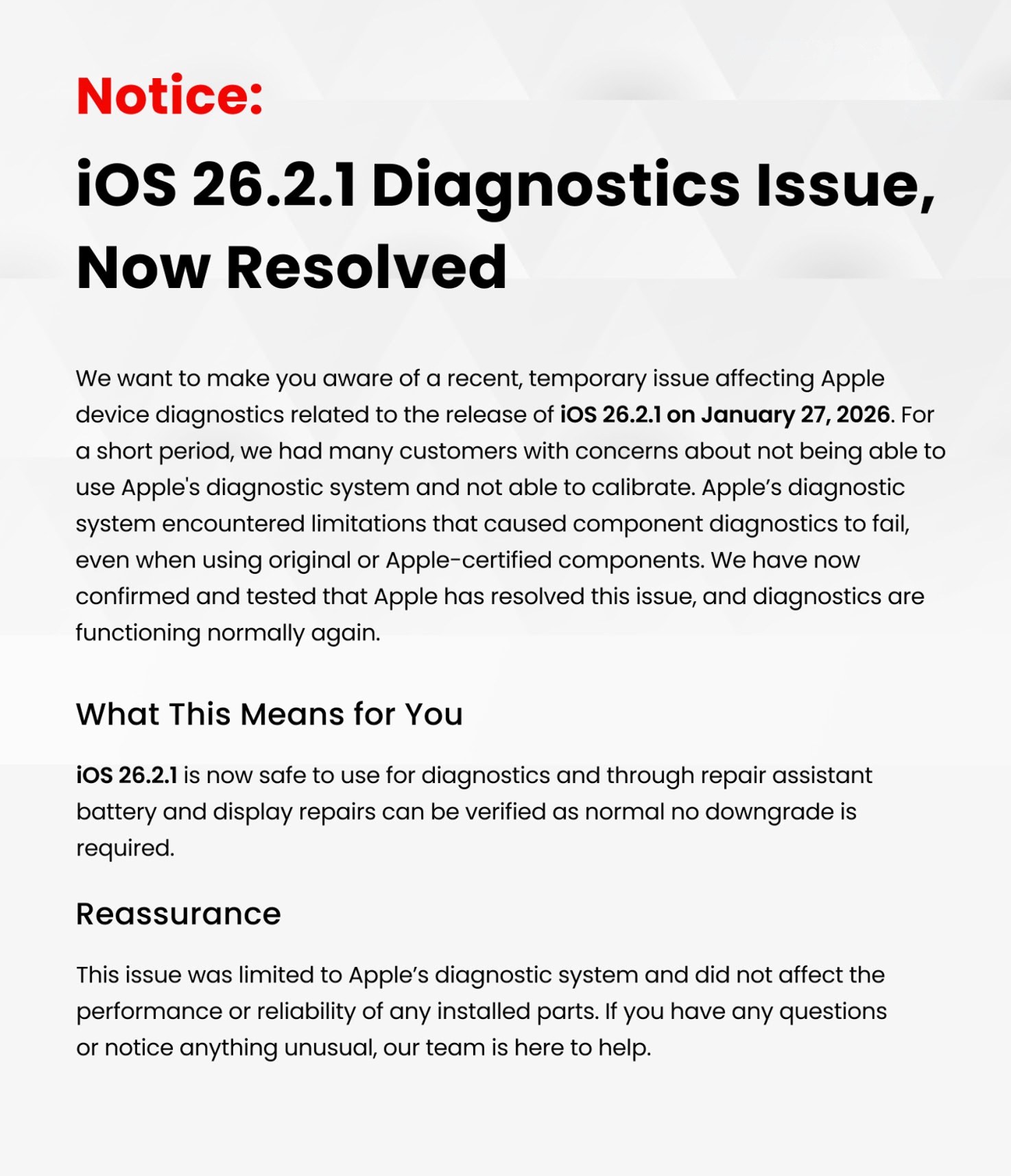 IOS 26.2.1 Notice Apple - Fix Factory